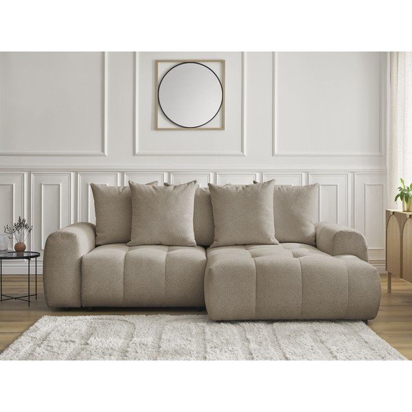 Bézs zsenília kinyitható-tárolóhelyes sarokkanapé (jobb oldali-heverő résszel) Roxelane – Bobochic Paris-image-1