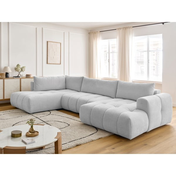 Világosszürke kinyitható-tárolóhelyes sarokkanapé (bal oldali-U alakú) Fuji – Bobochic Paris-image-1