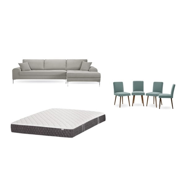 Világosszürke jobboldali sarokkanapé, 4 db szürkészöld szék, matrac (160 x 200 cm) szett - Home Essentials