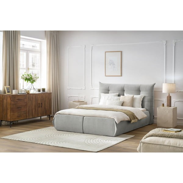 Világosszürke kárpitozott franciaágy tárolóhellyel, ágyráccsal 160x200 cm Clothilde – Bobochic Paris-image-1