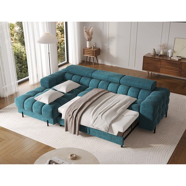 Kék buklé kinyitható-tárolóhelyes sarokkanapé (bal oldali-heverő résszel) Felro – ELTAP-image-4