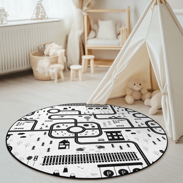 Fekete-fehér mosható gyerek játszószőnyeg ø150 cm In My Town – Mila Home-image-1