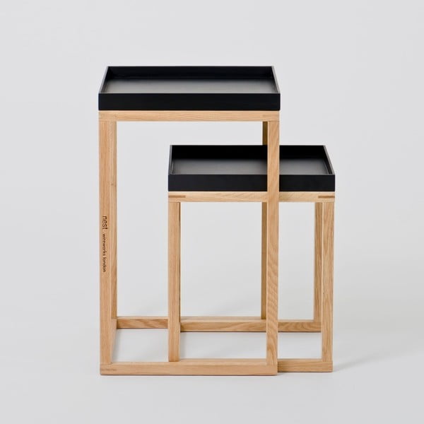 Oak 2 db-os tölgyfa tárolóasztal szett fekete lappal - Wireworks-image-2
