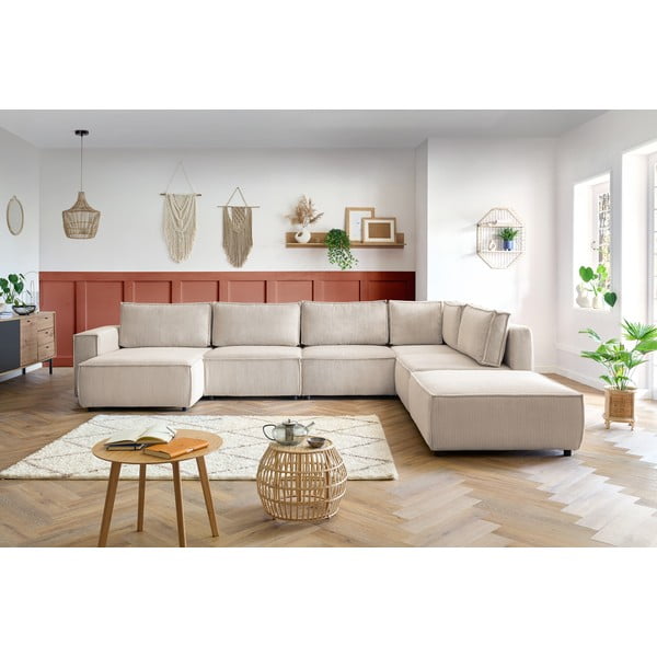 Krémszínű kordbársony sarokkanapé (jobb oldali-"U" alakú) Nihad modular – Bobochic Paris-image-1
