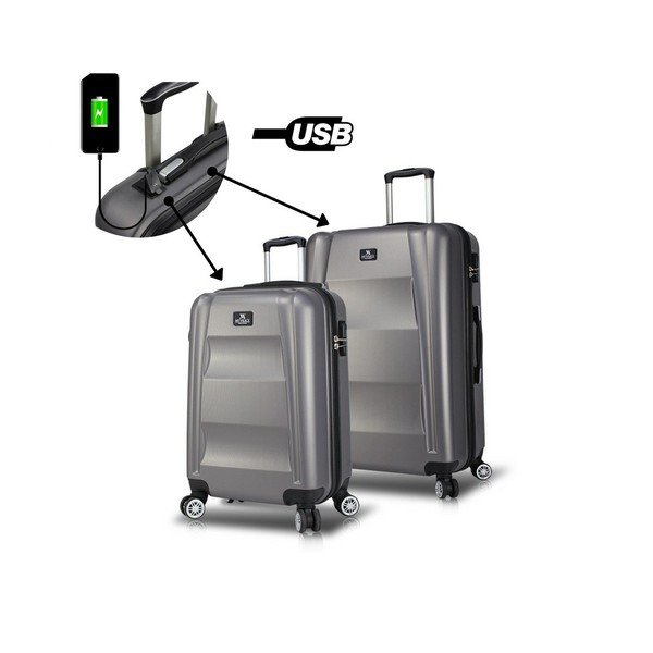LASSO Cabin & Medium 2 szürke görgős bőrönd USB csatlakozóval - My Valice-image-2