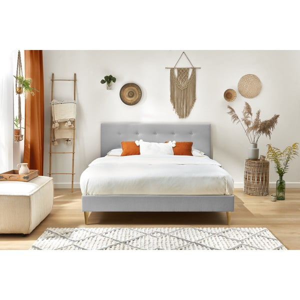 Világosszürke kárpitozott franciaágy ágyráccsal 180x200 cm Rory – Bobochic Paris-image-4