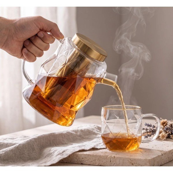 Aranyszínű üveg teáskanna szűrővel 1,3 l Geo – Vialli Design-image-2