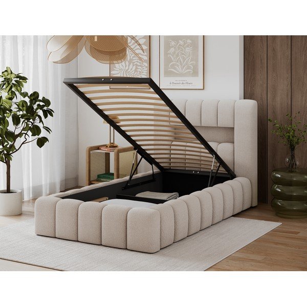 Bézs kárpitozott ágyneműtartós egyszemélyes ágy ágyráccsal 90x200 cm Lamica – ELTAP-image-4