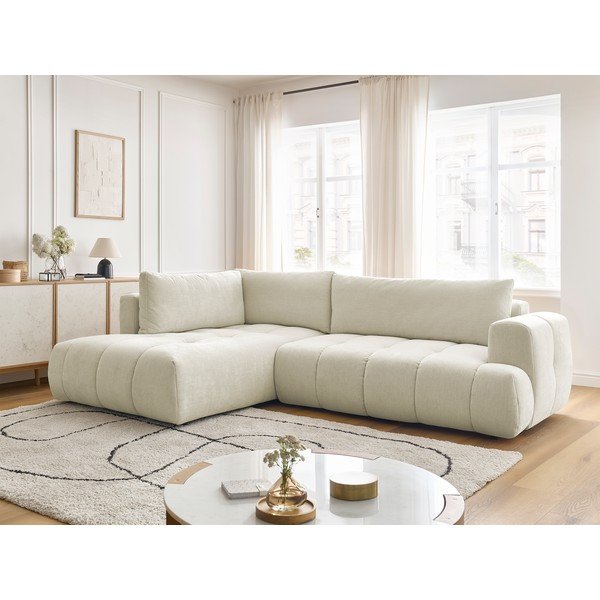 Bézs kinyitható-tárolóhelyes sarokkanapé (bal oldali-L alakú) Fuji – Bobochic Paris-image-1