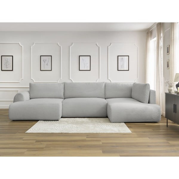 Világosszürke kordbársony kinyitható-tárolóhelyes sarokkanapé (jobb oldali-U alakú) Lucien – Bobochic Paris-image-1