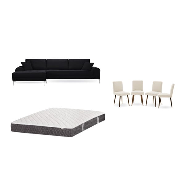 Fekete baloldali sarokkanapé, 4 db krémszínű szék, matrac (160 x 200 cm) szett - Home Essentials