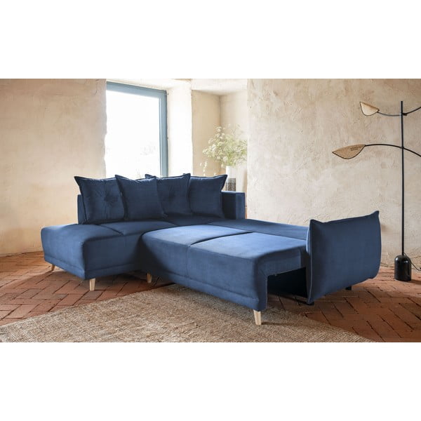 Sötétkék kordbársony kinyitható sarokkanapé (bal oldali) Lazy Lukka – Miuform-image-4