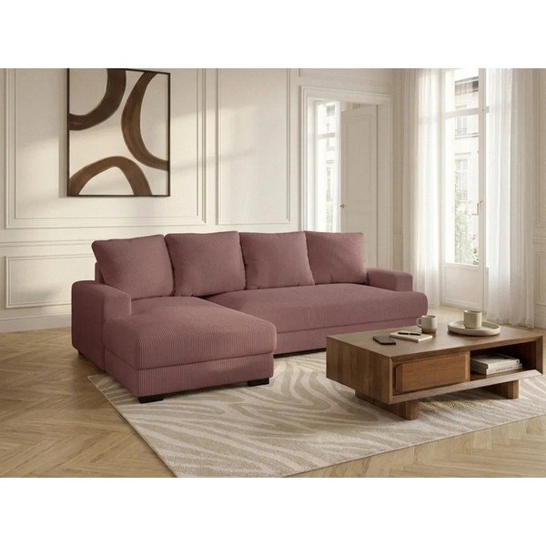 Rózsaszín kordbársony kinyitható-tárolóhelyes sarokkanapé (bal oldali-heverő résszel) Campi – Bobochic Paris-image-3
