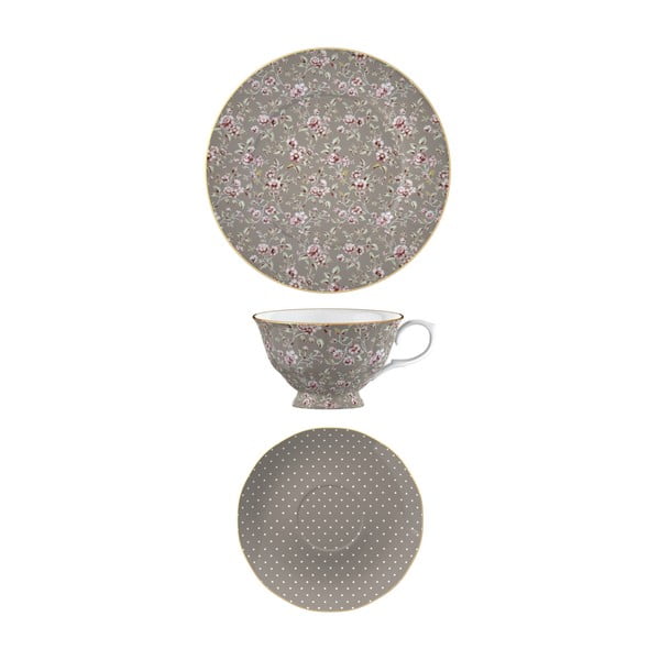 Katie Alice Ditsy Flower szürke porcelán csésze, csészealj és desszertes tányér készlet - Creative Tops