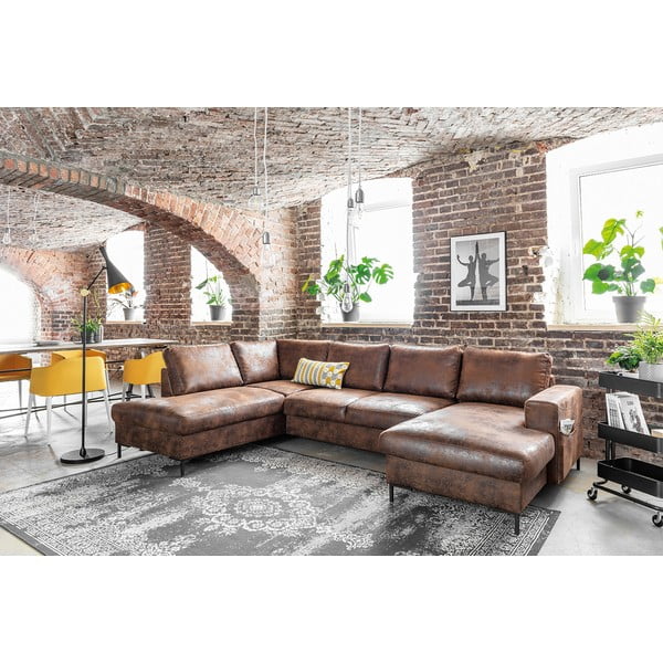 Lofty Lilly Vintage barna kinyitható U alakú bőrutánzat kanapé, bal oldali - Miuform-image-3