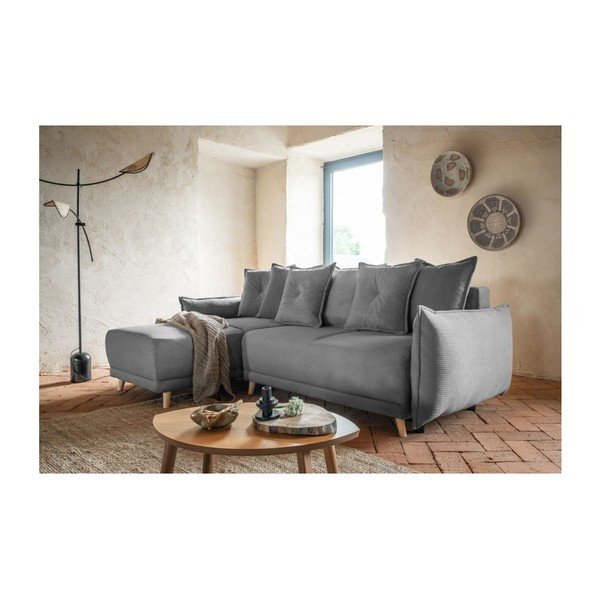 Szürke kordbársony kinyitható sarokkanapé (variálható) Lazy Lukka – Miuform-image-1