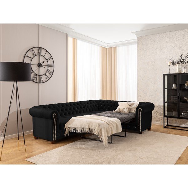 Fekete bársony kinyitható sarokkanapé (jobb oldali-L alakú) York Blik – Ropez-image-4