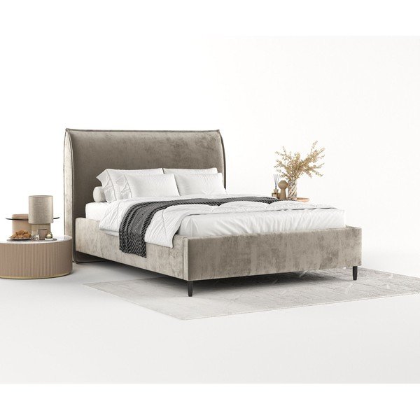 Bézs kárpitozott ágyneműtartós franciaágy ágyráccsal 160x200 cm Shell – Maison de Rêve-image-1