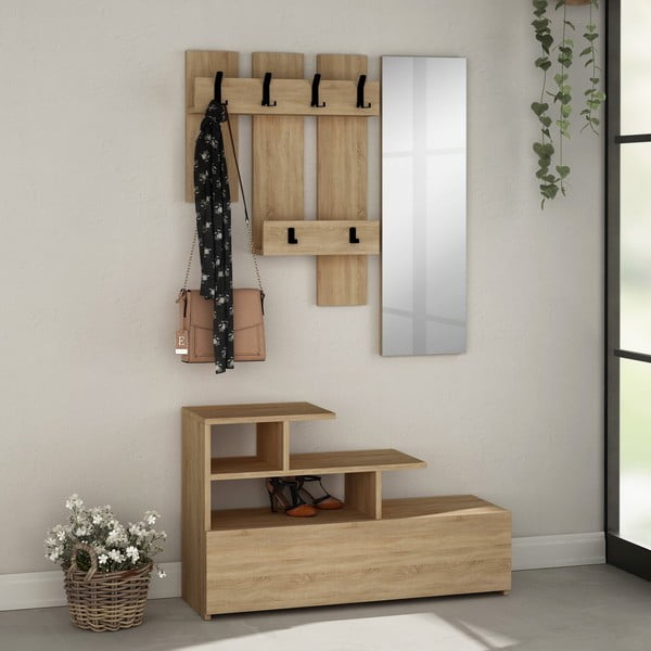 Natúr színű előszoba bútor tölgyfa dekorral Vesty – Kalune Design-image-2
