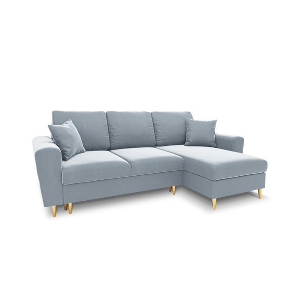 Világoskék bársony kinyitható tárolóhelyes sarokkanapé Kyoto – Cosmopolitan Design