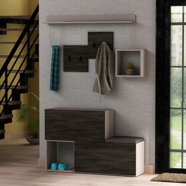 Holdon sötétszürke cipősszekrény / pad és fali akasztó szett polccal - Homitis-image-1