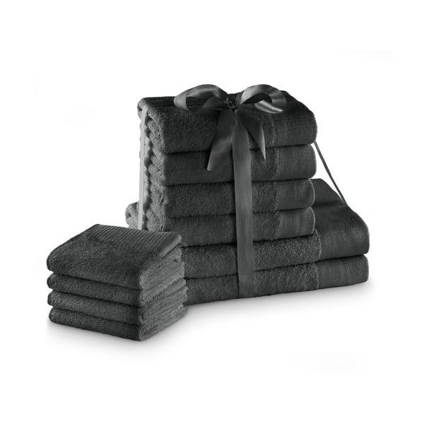 Sötétszürke frottír pamut törölköző és fürdőlepedő készlet 10 db-os Amari – Restilo