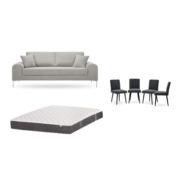 Világosszürke, háromszemélyes kanapé, 4 db antracit szürke szék, matrac (160 x 200 cm) szett - Home Essentials
