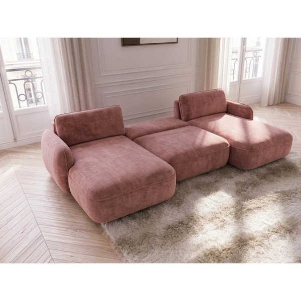 Rózsaszín bársony kinyitható-tárolóhelyes (U alakú) sarokkanapé Celeste – Bobochic Paris-image-2