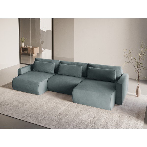 Szürkéskék bársony kinyitható tárolóhelyes sarokkanapé (U alakú) Belfast – Cosmopolitan Design-image-1