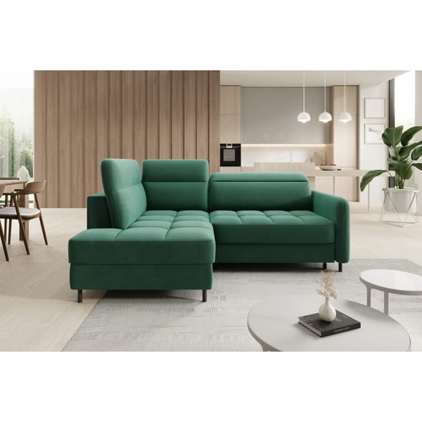 Zöld bársony kinyitható-tárolóhelyes sarokkanapé (bal oldali-L alakú) Barea – ELTAP-image-1