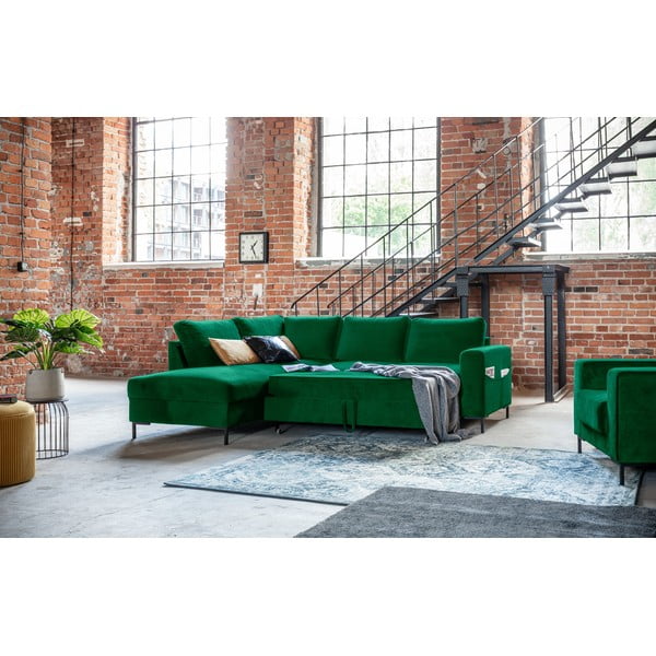 Sötétzöld bársony kinyitható sarokkanapé (bal oldali) Lofty Lilly – Miuform-image-4