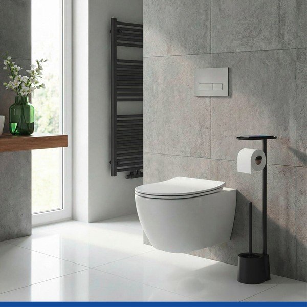 Fekete műanyag WC-papír tartó állvány WC-kefével Albella – Wenko-image-1