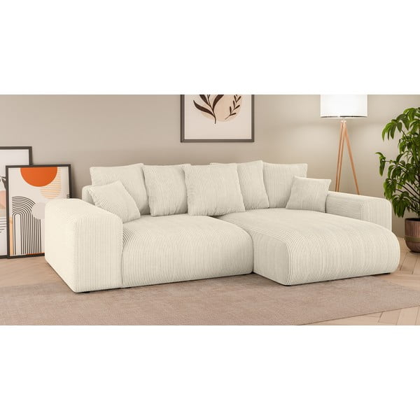 Krémszínű kordbársony kinyitható tárolóhelyes sarokkanapé (variálható sarok) Luma – Ropez-image-1