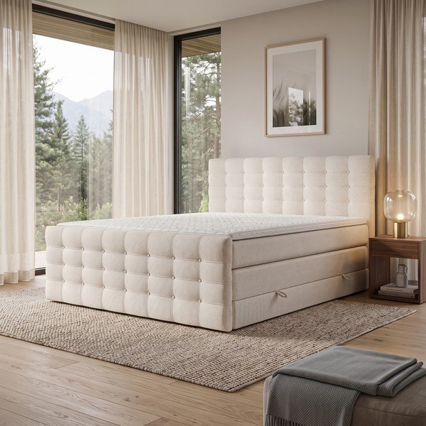 Krémszínű ágyneműtartós boxspring ágy 200x200 cm Blend – Maison de Rêve-image-1