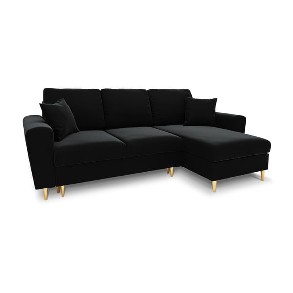 Fekete bársony kinyitható tárolóhelyes sarokkanapé Kyoto – Cosmopolitan Design