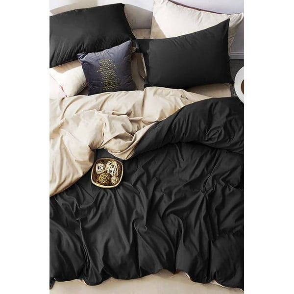 Fekete-krémszínű kétszemélyes-hosszabbított pamut ágyneműhuzat lepedővel 200x220 cm – Mila Home-image-3