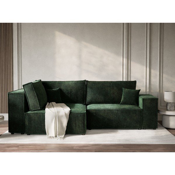 Sötétzöld zsenília kinyitható-tárolóhelyes sarokkanapé (bal oldali-L alakú) Tonga – Maison de Rêve-image-1