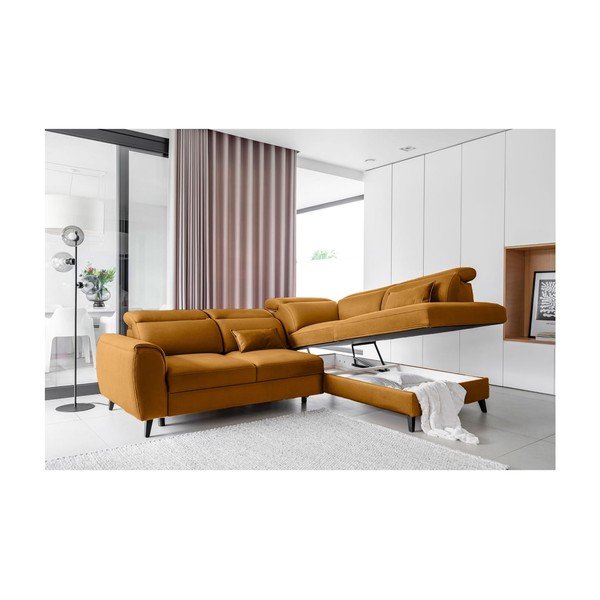 Sárga bársony kinyitható-tárolóhelyes sarokkanapé (jobb oldali-L alakú) Noble – ELTAP-image-3