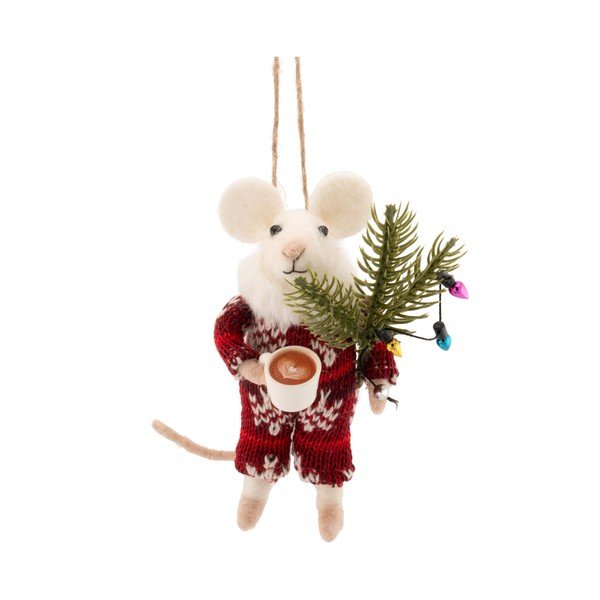 Textil karácsonyfadísz 9 cm Mouse with Coffee – Sass & Belle