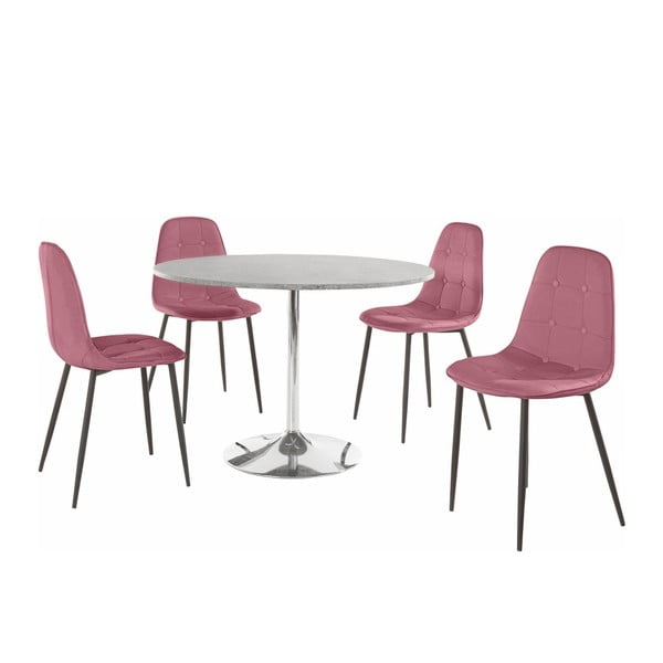 Terri Concrete kerek étkezőasztal és 4 részes rózsaszín szék szett - Støraa