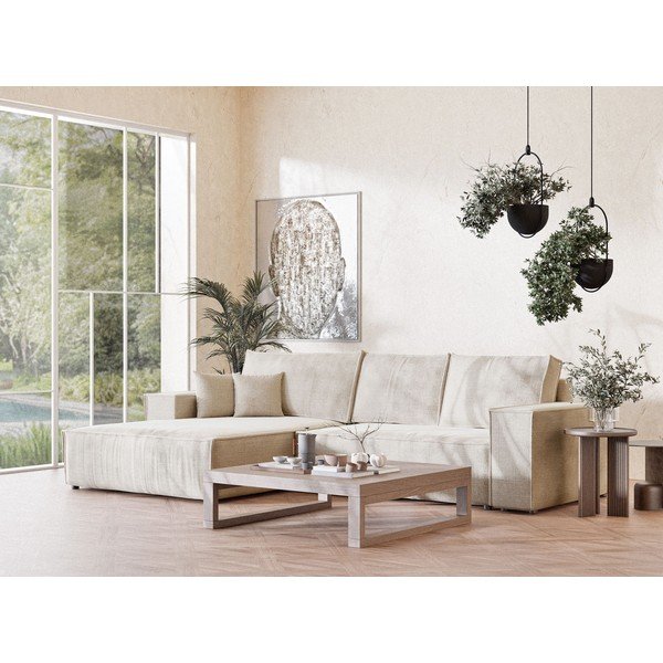 Krémszínű zsenília kinyitható-tárolóhelyes sarokkanapé (bal oldali-heverő résszel) Maze – Maison de Rêve-image-1