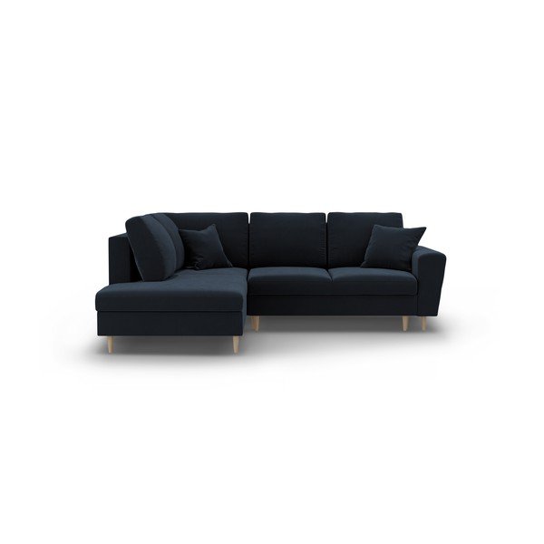 Sötétkék bársony kinyitható tárolóhelyes sarokkanapé (bal oldali-L alakú) Kyoto – Cosmopolitan Design