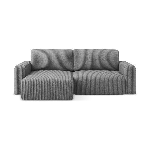 Szürke kordbársony kinyitható-tárolóhelyes sarokkanapé (bal oldali-heverő résszel) Kona – Makamii