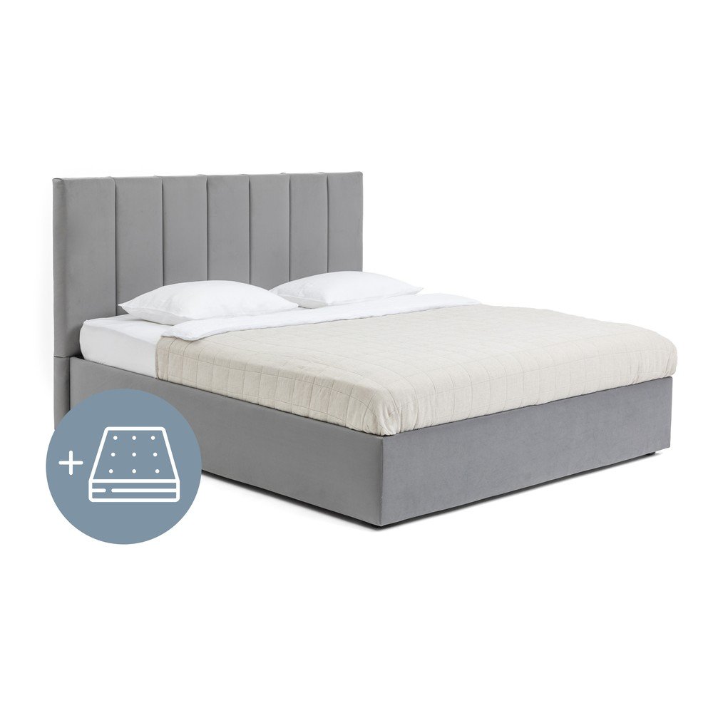 Szürke kárpitozott ágyneműtartós franciaágy matraccal, ágyráccsal 180x200 cm Thessa Bold Line – Bonami Selection