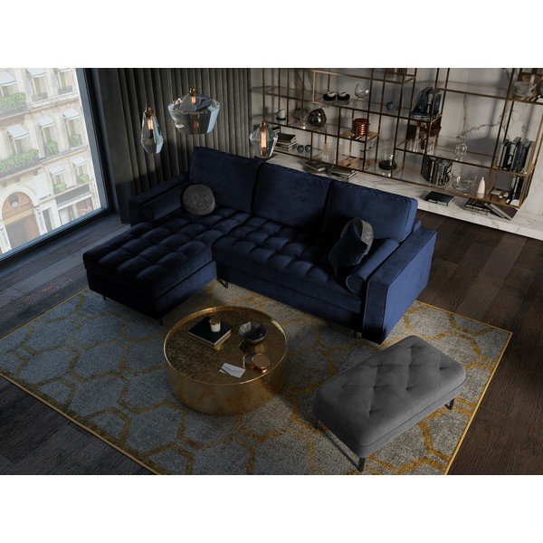 Santo kék kinyitható bársony sarokkanapé, bal oldali - Milo Casa-image-1