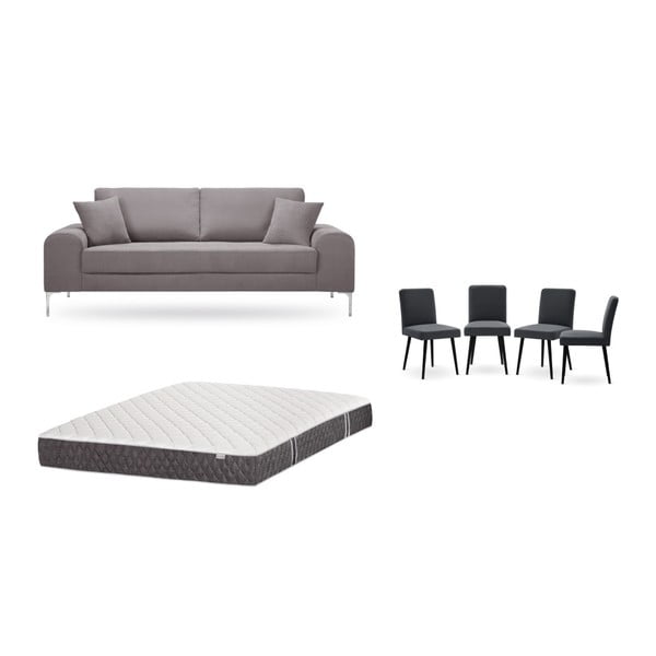 Barna, háromszemélyes kanapé, 4 db antracit szürke szék, matrac (160 x 200 cm) szett - Home Essentials