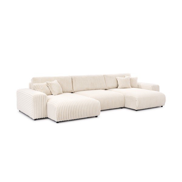 Krémszínű kordbársony kinyitható-tárolóhelyes sarokkanapé (U alakú) Sarina – Ropez-image-3
