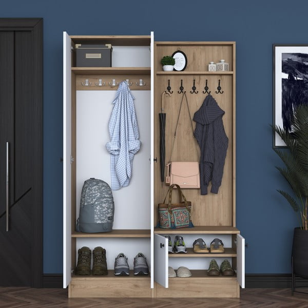 Fehér-natúr színű előszoba bútor diófa dekorral Theresa – Kalune Design-image-4