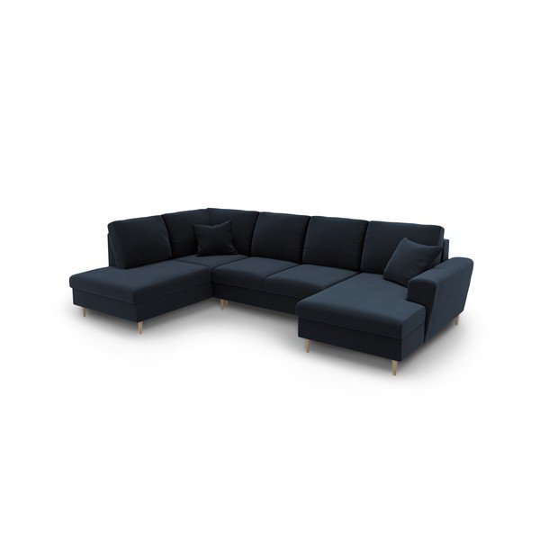 Sötétkék bársony kinyitható tárolóhelyes sarokkanapé (bal oldali-U alakú) Kyoto – Cosmopolitan Design-image-1