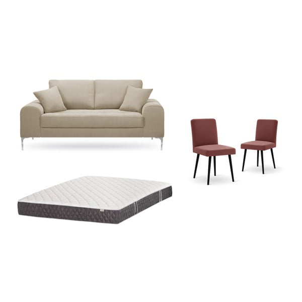 Bézs, kétszemélyes kanapé, 2 db téglapiros szék, matrac (140 x 200 cm) szett - Home Essentials